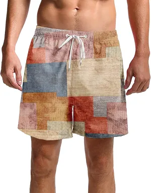 Men's Linen Cotton Gingham Bermuda Shorts Lightweight Summer Plaid Yoga Beach Wear Big and Tall Casual Workout Short