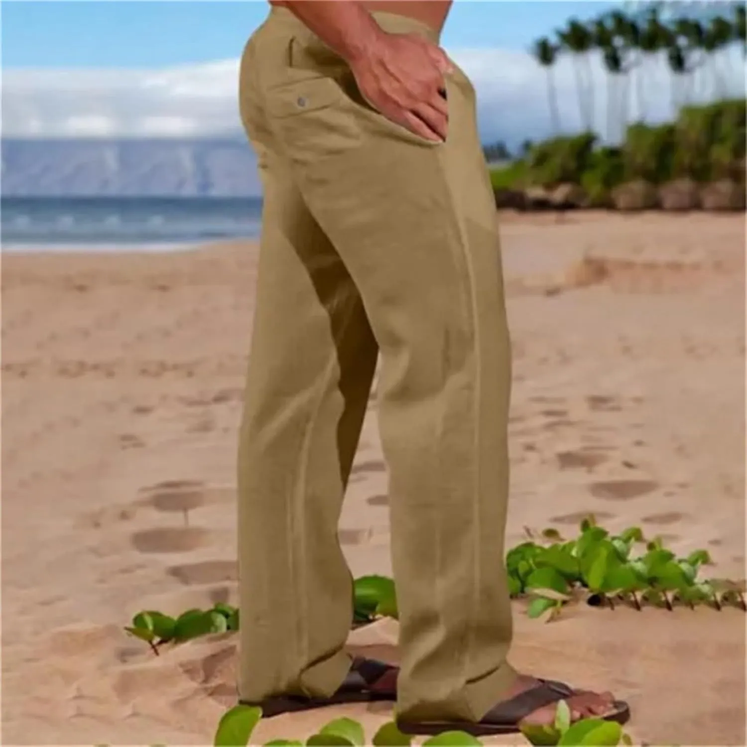 Men's Linen Pants Elastic Waist Drawstring Loose Fit for Beach Yoga Casual Plus Size Comfort Everyday Wear