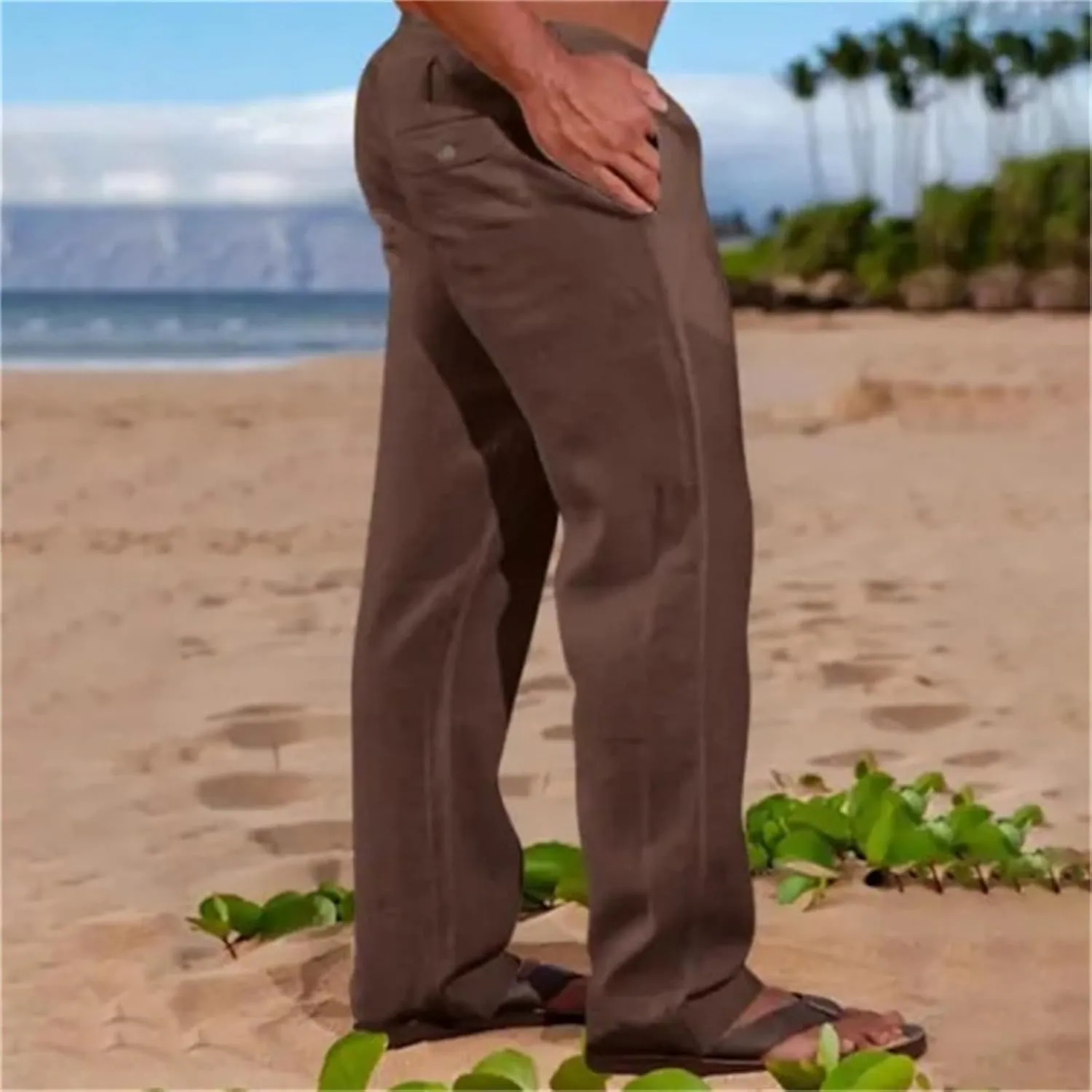 Men's Linen Pants Elastic Waist Drawstring Loose Fit for Beach Yoga Casual Plus Size Comfort Everyday Wear
