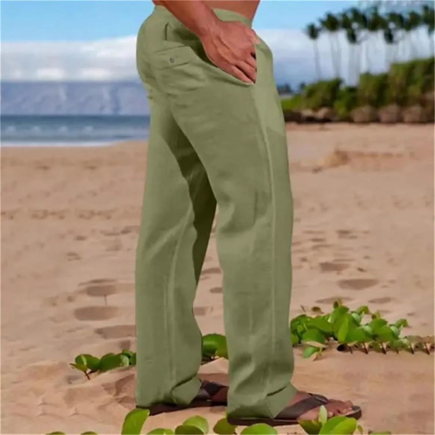 Men's Linen Pants Elastic Waist Drawstring Loose Fit for Beach Yoga Casual Plus Size Comfort Everyday Wear
