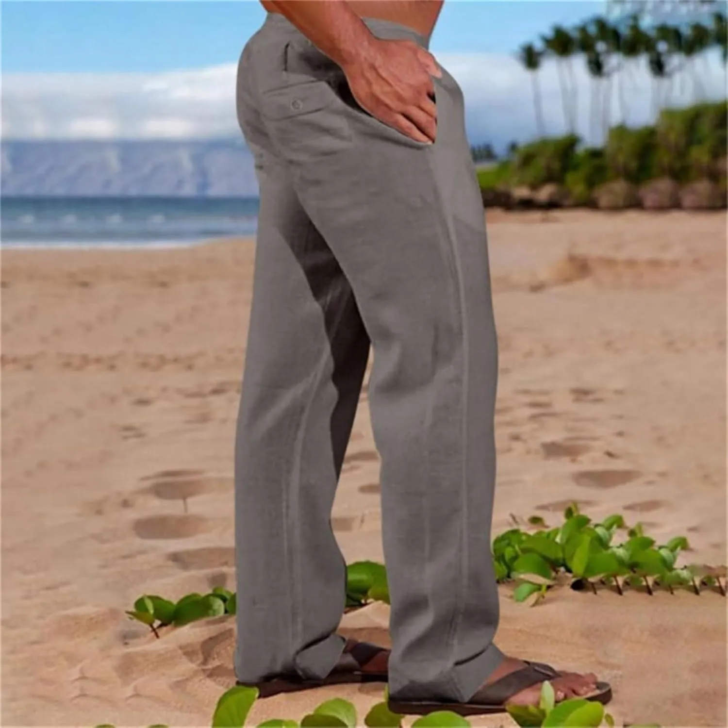 Men's Linen Pants Elastic Waist Drawstring Loose Fit for Beach Yoga Casual Plus Size Comfort Everyday Wear
