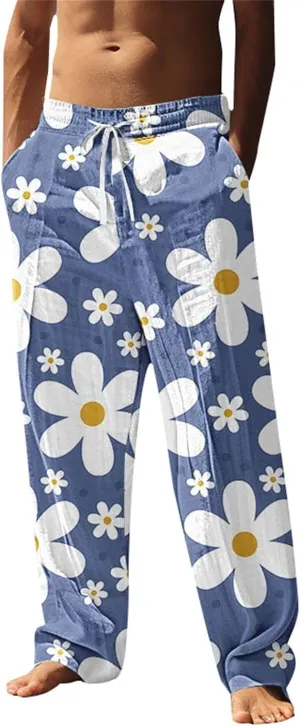 Men's Pants Casual Relaxed Fit Floral Print Pants Plus Size Baggy Vacation Slacks Drawstring Waist Beach Trousers