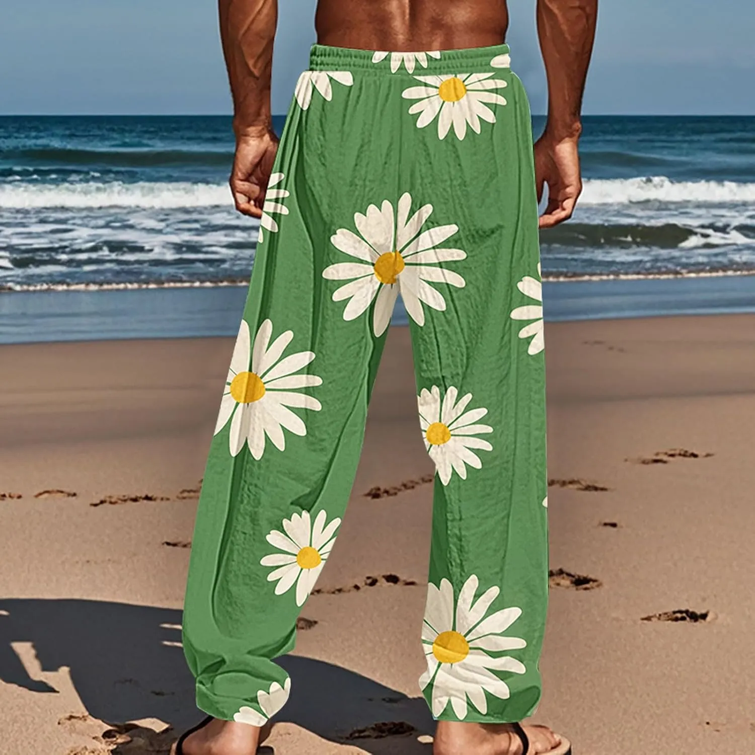 Men's Pants Casual Relaxed Fit Floral Print Pants Plus Size Baggy Vacation Slacks Drawstring Waist Beach Trousers