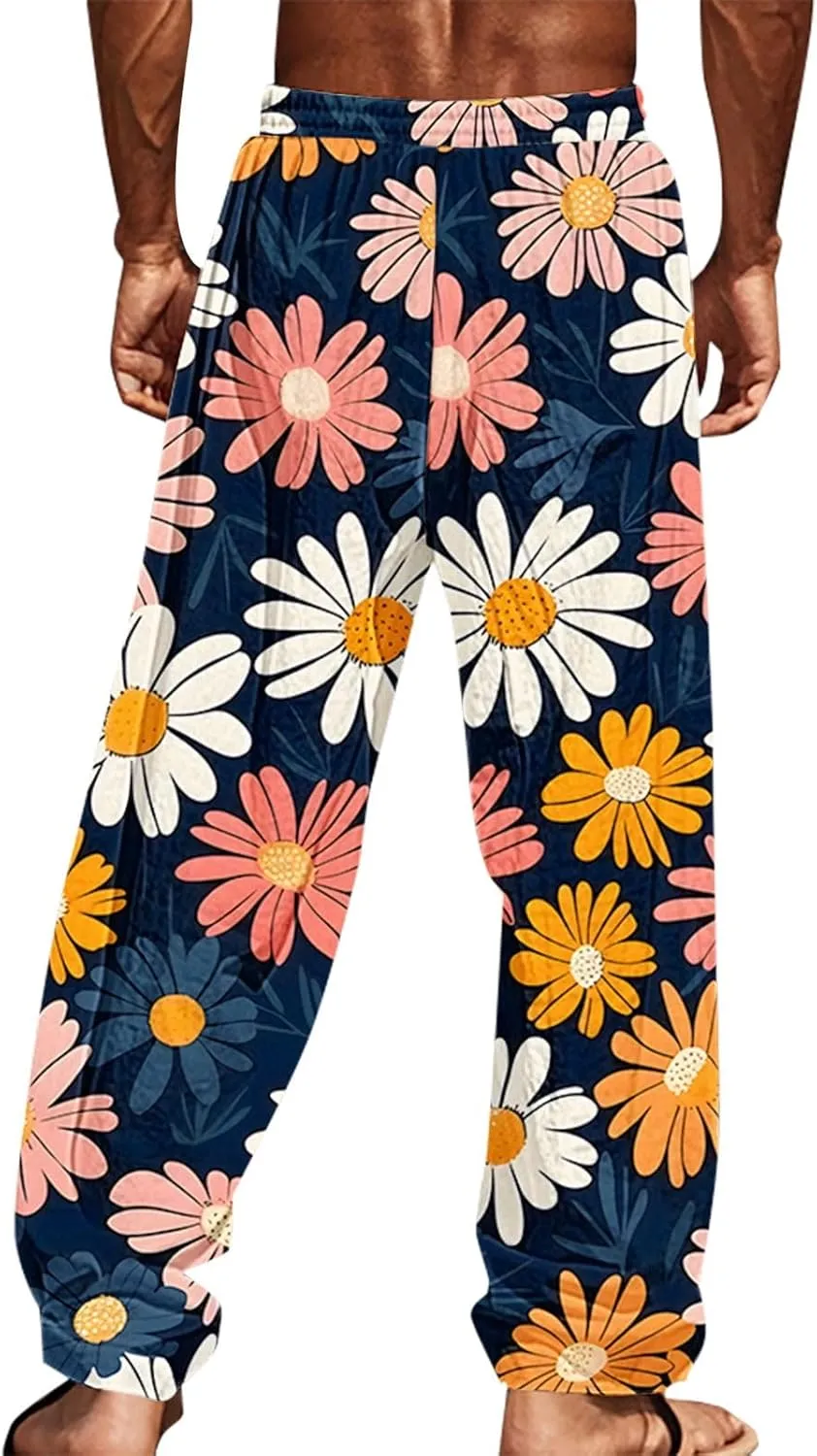 Men's Pants Casual Relaxed Fit Floral Print Pants Plus Size Baggy Vacation Slacks Drawstring Waist Beach Trousers