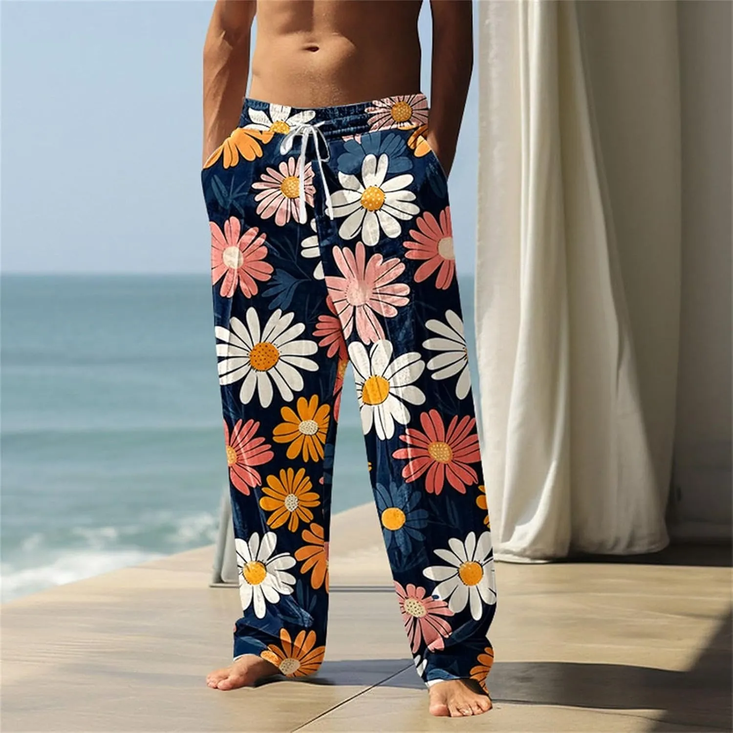 Men's Pants Casual Relaxed Fit Floral Print Pants Plus Size Baggy Vacation Slacks Drawstring Waist Beach Trousers