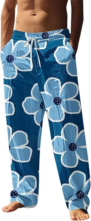 Men's Pants Casual Relaxed Fit Floral Print Pants Plus Size Baggy Vacation Slacks Drawstring Waist Beach Trousers