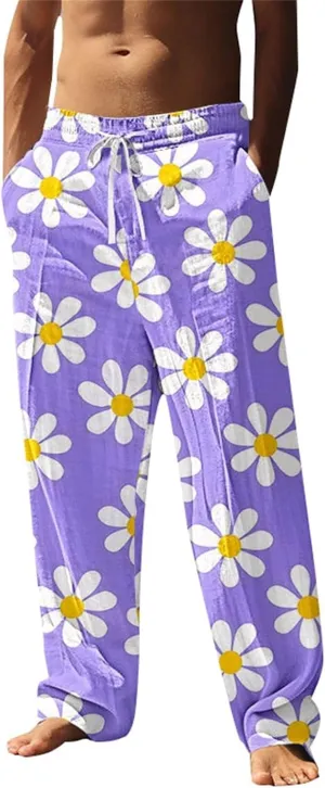 Men's Pants Casual Relaxed Fit Floral Print Pants Plus Size Baggy Vacation Slacks Drawstring Waist Beach Trousers