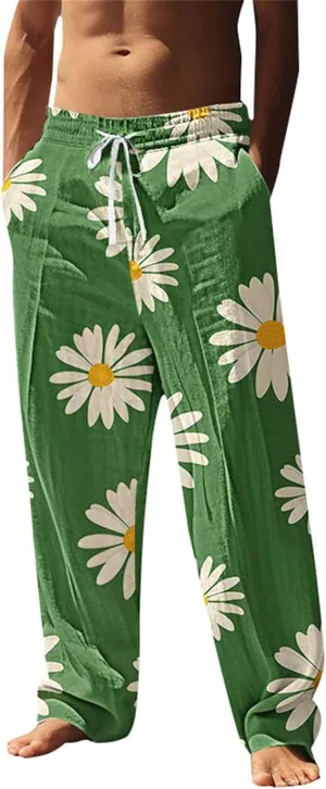 Men's Pants Casual Relaxed Fit Floral Print Pants Plus Size Baggy Vacation Slacks Drawstring Waist Beach Trousers