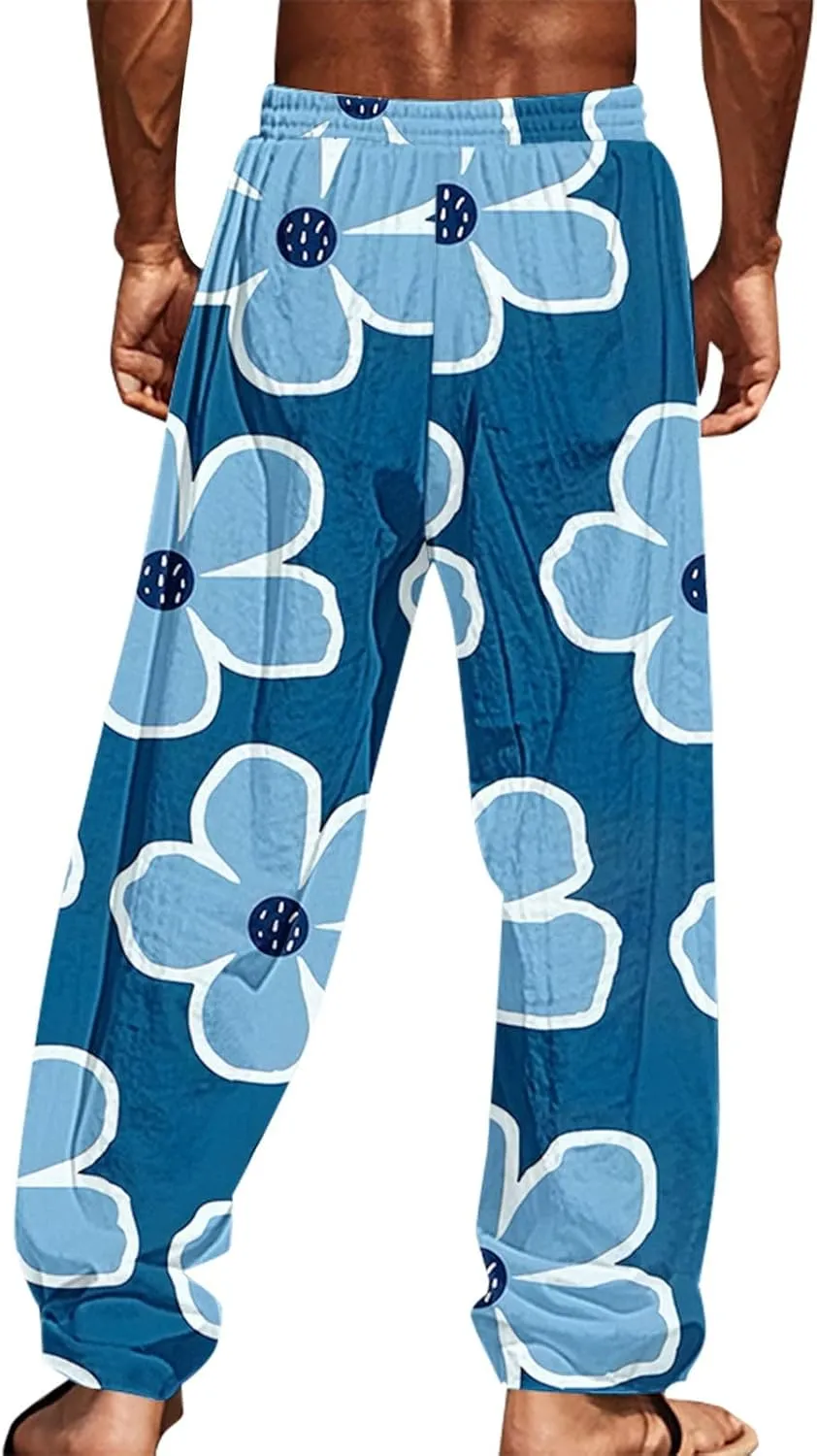 Men's Pants Casual Relaxed Fit Floral Print Pants Plus Size Baggy Vacation Slacks Drawstring Waist Beach Trousers
