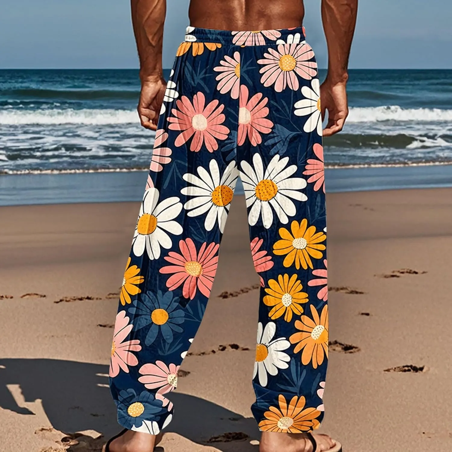 Men's Pants Casual Relaxed Fit Floral Print Pants Plus Size Baggy Vacation Slacks Drawstring Waist Beach Trousers