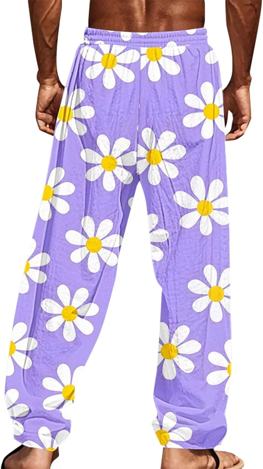 Men's Pants Casual Relaxed Fit Floral Print Pants Plus Size Baggy Vacation Slacks Drawstring Waist Beach Trousers