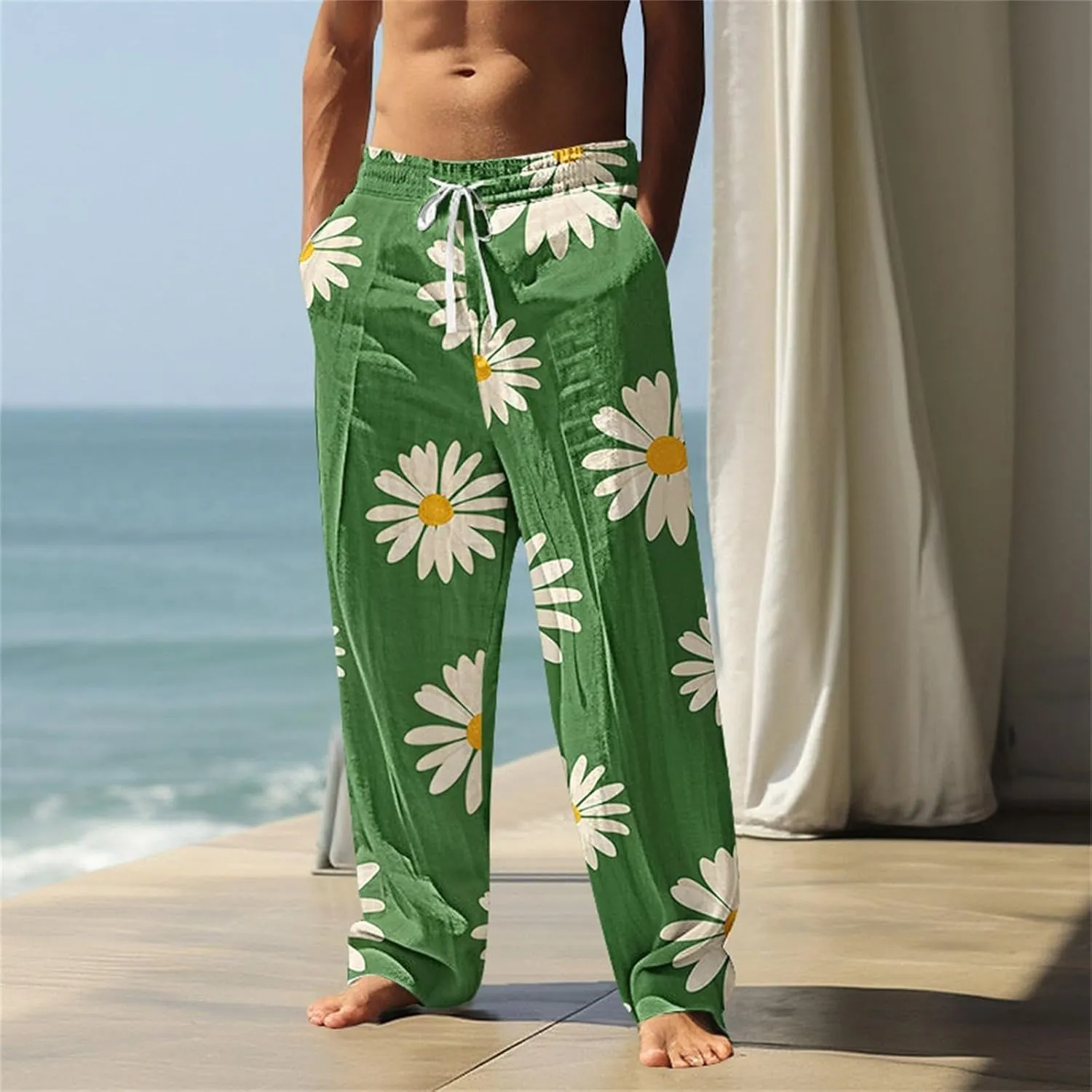 Men's Pants Casual Relaxed Fit Floral Print Pants Plus Size Baggy Vacation Slacks Drawstring Waist Beach Trousers