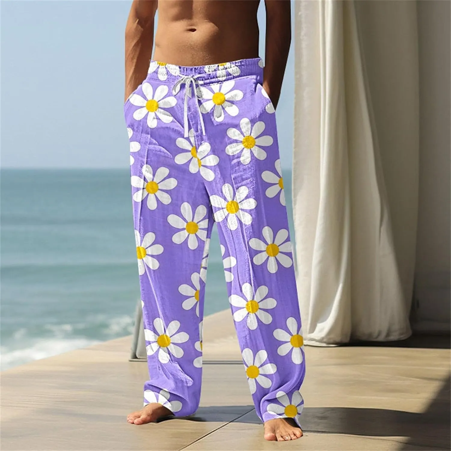 Men's Pants Casual Relaxed Fit Floral Print Pants Plus Size Baggy Vacation Slacks Drawstring Waist Beach Trousers