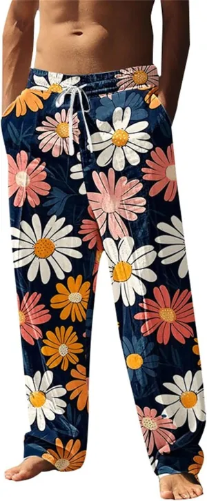 Men's Pants Casual Relaxed Fit Floral Print Pants Plus Size Baggy Vacation Slacks Drawstring Waist Beach Trousers