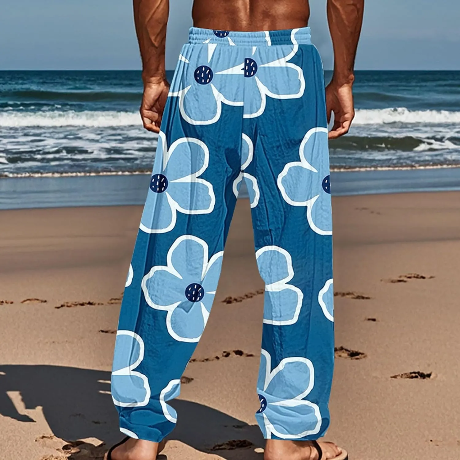 Men's Pants Casual Relaxed Fit Floral Print Pants Plus Size Baggy Vacation Slacks Drawstring Waist Beach Trousers