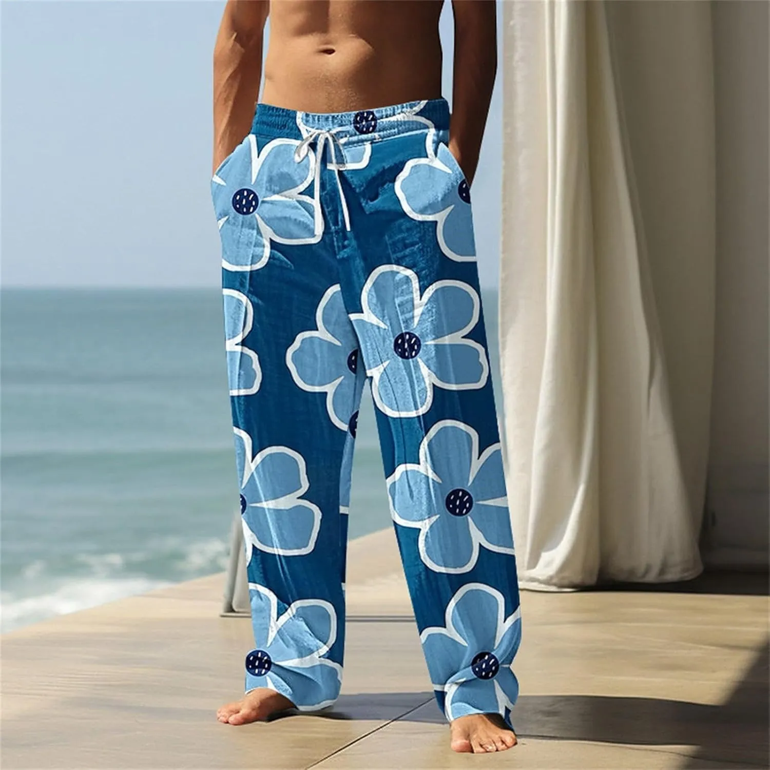 Men's Pants Casual Relaxed Fit Floral Print Pants Plus Size Baggy Vacation Slacks Drawstring Waist Beach Trousers
