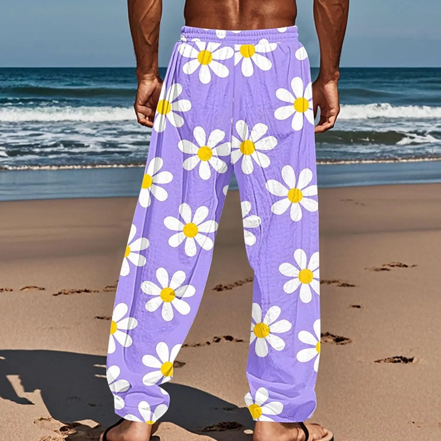 Men's Pants Casual Relaxed Fit Floral Print Pants Plus Size Baggy Vacation Slacks Drawstring Waist Beach Trousers