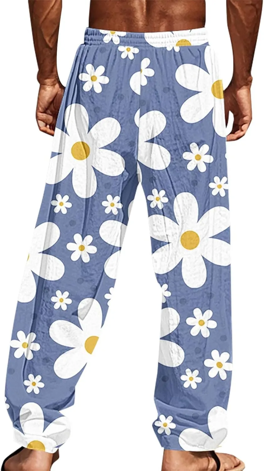 Men's Pants Casual Relaxed Fit Floral Print Pants Plus Size Baggy Vacation Slacks Drawstring Waist Beach Trousers