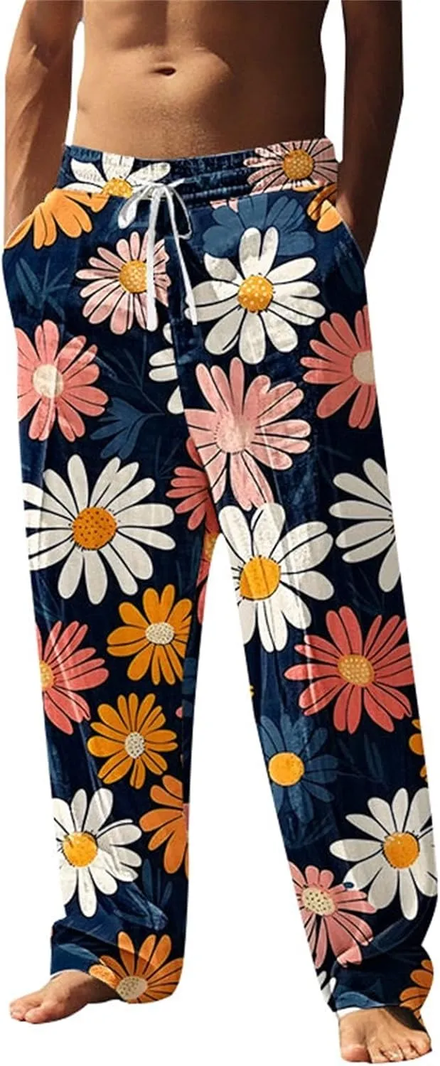 Men's Pants Casual Relaxed Fit Floral Print Pants Plus Size Baggy Vacation Slacks Drawstring Waist Beach Trousers