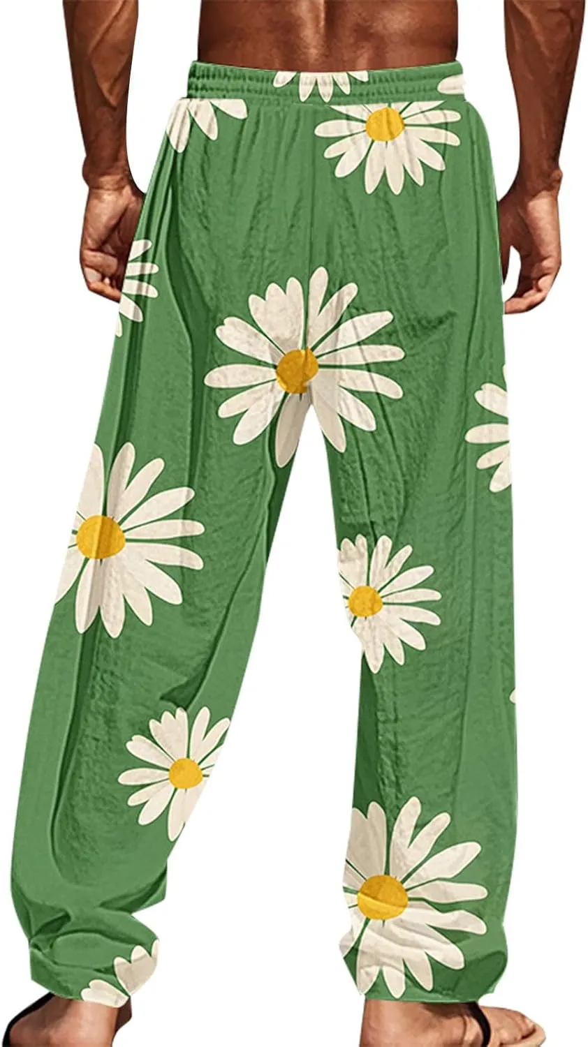 Men's Pants Casual Relaxed Fit Floral Print Pants Plus Size Baggy Vacation Slacks Drawstring Waist Beach Trousers
