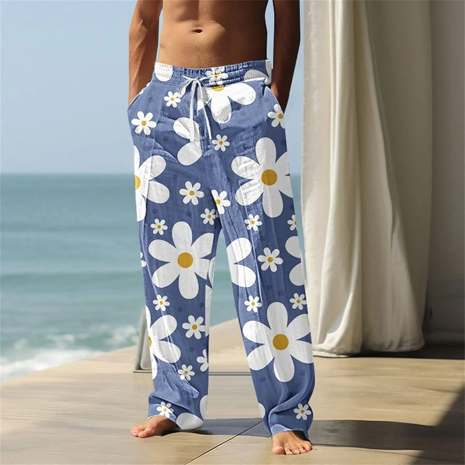 Men's Pants Casual Relaxed Fit Floral Print Pants Plus Size Baggy Vacation Slacks Drawstring Waist Beach Trousers