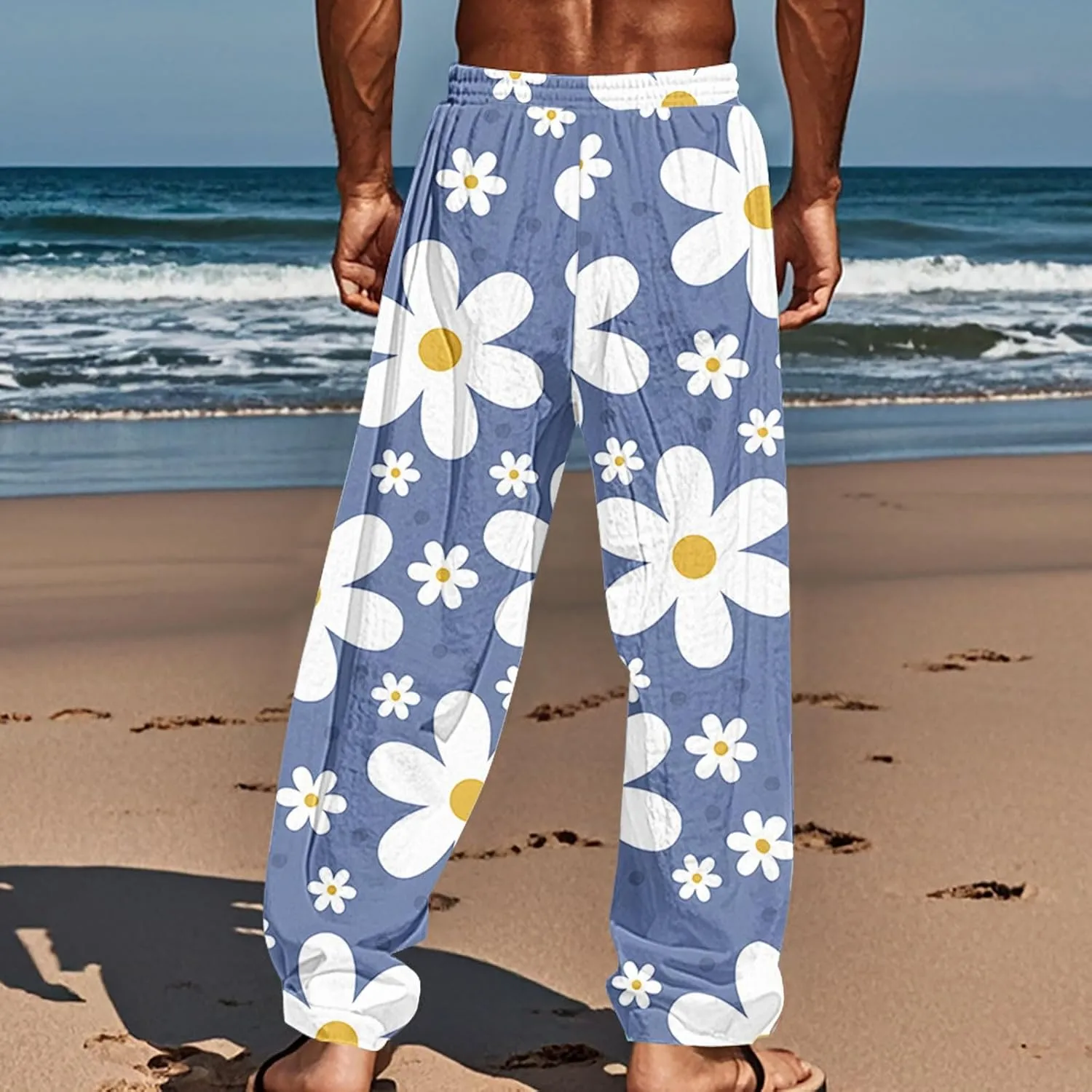 Men's Pants Casual Relaxed Fit Floral Print Pants Plus Size Baggy Vacation Slacks Drawstring Waist Beach Trousers