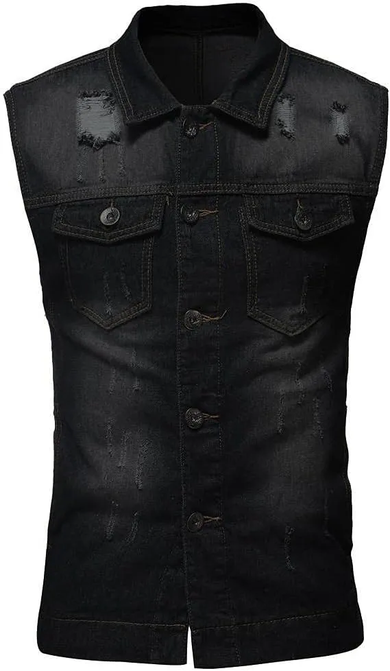 Mens Punk Ripped Denim Vest Jackets Sleeveless Motorcycle Trucker Jean Jackets Retro Button Down Tank Tops S-6XL
