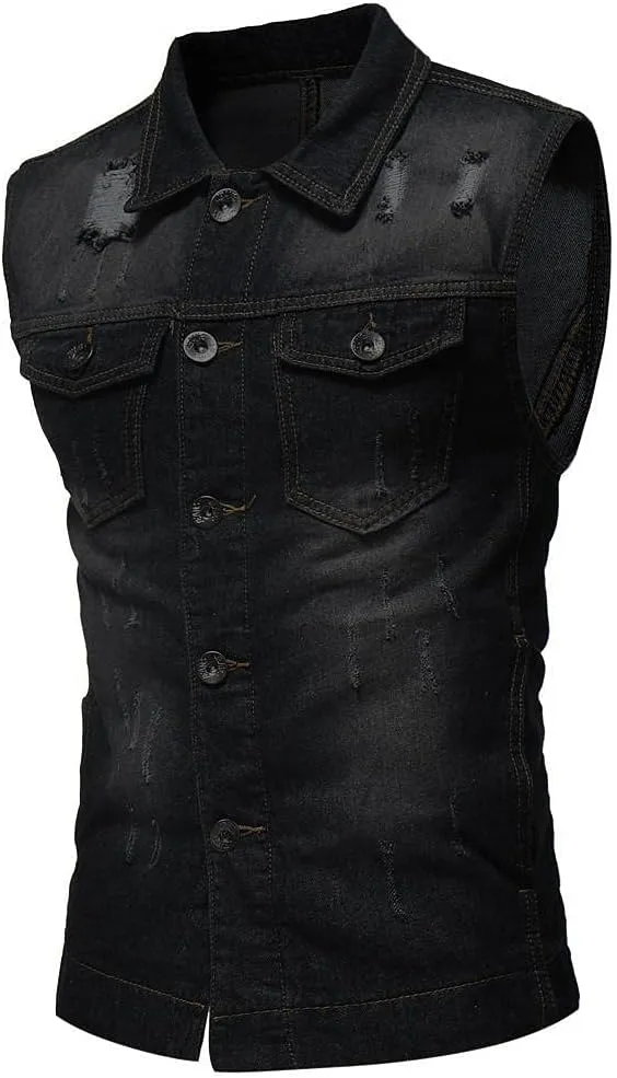Mens Punk Ripped Denim Vest Jackets Sleeveless Motorcycle Trucker Jean Jackets Retro Button Down Tank Tops S-6XL