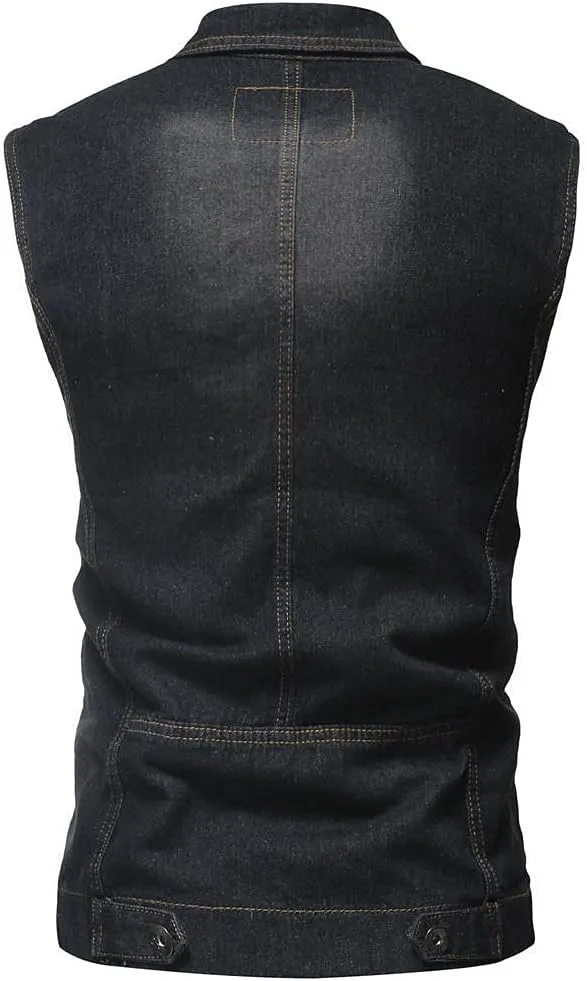 Mens Punk Ripped Denim Vest Jackets Sleeveless Motorcycle Trucker Jean Jackets Retro Button Down Tank Tops S-6XL