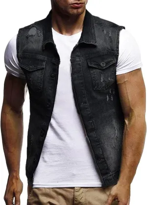 Mens Punk Ripped Denim Vest Jackets Sleeveless Motorcycle Trucker Jean Jackets Retro Button Down Tank Tops S-6XL
