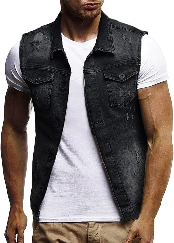 Mens Punk Ripped Denim Vest Jackets Sleeveless Motorcycle Trucker Jean Jackets Retro Button Down Tank Tops S-6XL