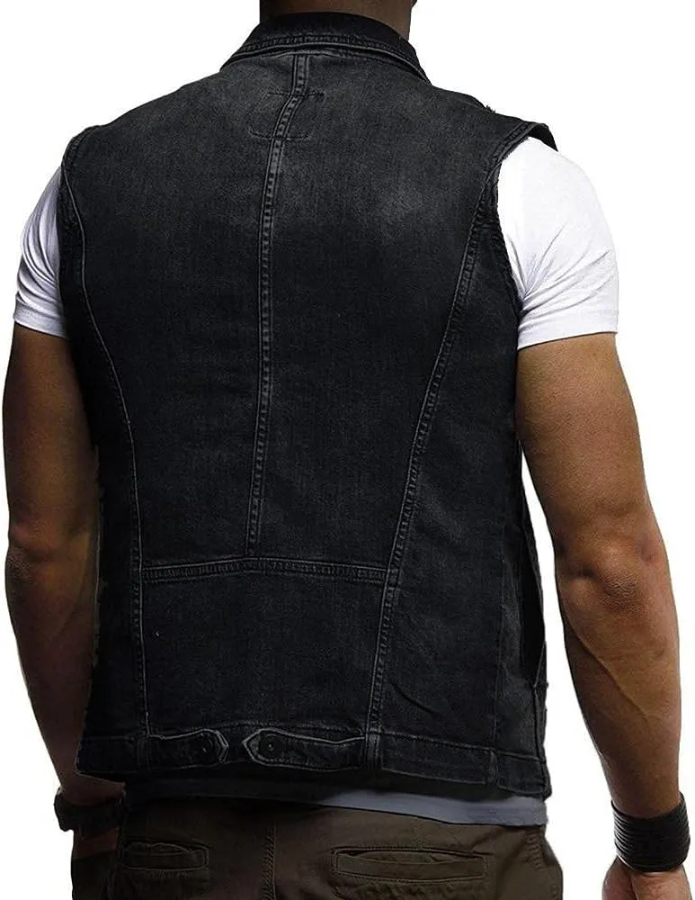 Mens Punk Ripped Denim Vest Jackets Sleeveless Motorcycle Trucker Jean Jackets Retro Button Down Tank Tops S-6XL