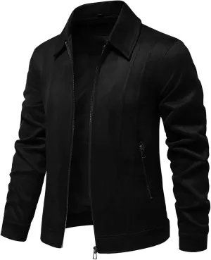 Men's Suede Jacket Spring Fall Full Zip Up Jackets Vintage Faux Leather Coat Outwear with Zipper Pockets for Business