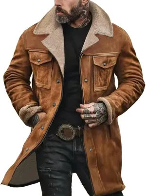 Men's Vintage Suede Jacket Plush Collar Coats Faux Leather Jacket Men Zip Up Motorcycle Jacket Coats Retro Tops