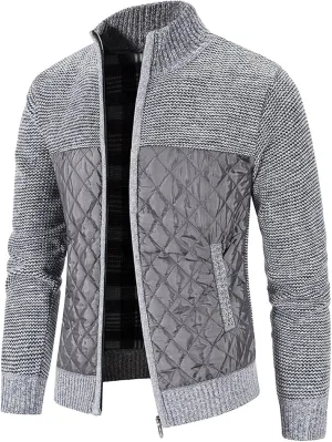 Men's Winter Casual Cardigan Cotton-padded Jacket Stand Collar Knitted Splice Sweater Coat for Coats Men