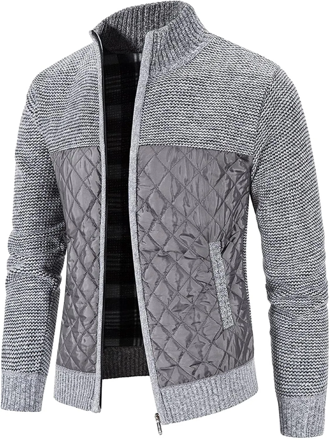 Men's Winter Casual Cardigan Cotton-padded Jacket Stand Collar Knitted Splice Sweater Coat for Coats Men