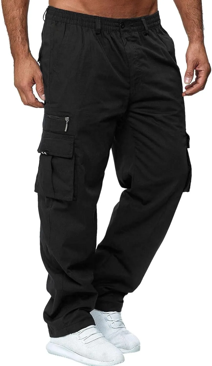 Mens Zip Joggers Pants Mens Fashion Casual Loose Cotton Plus Size Pocket Elastic Waist Pants Trousers Stretch