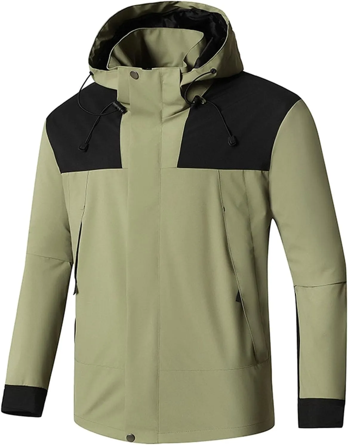 Mens Zipper Windproof Waterproof Jacket Solid Color Drawstring Windbreaker Casual Slim Fit Loose Jacket with Pocket