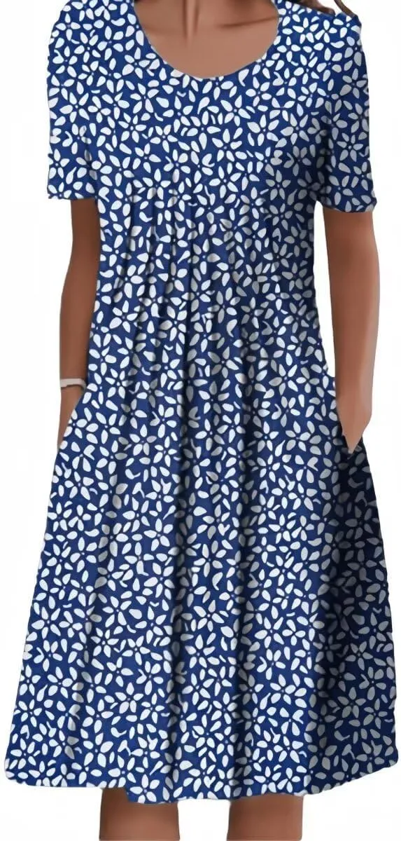 Midi Short Sleeve Dress for Women Summer Pleated Front Round Neck Retro Plus Size Loose Trendy Floral Dresses