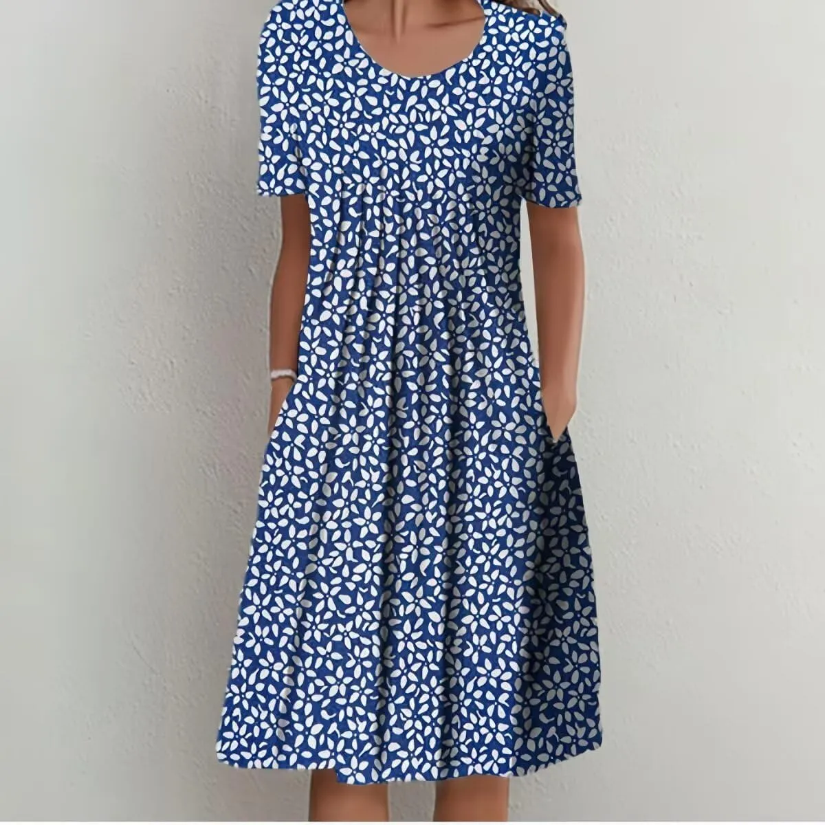 Midi Short Sleeve Dress for Women Summer Pleated Front Round Neck Retro Plus Size Loose Trendy Floral Dresses