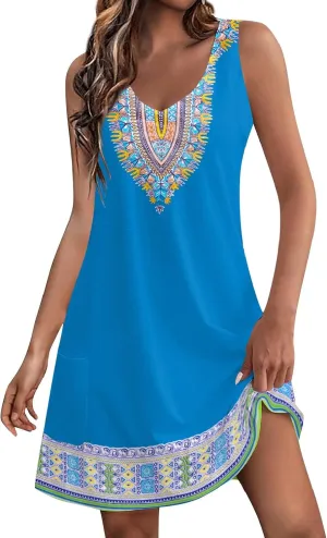 Mini Sundresses for Women Summer Trendy Plus Size Flowy Sexy V Neck Off The Shoulder Sleeveless Floral Short Dress