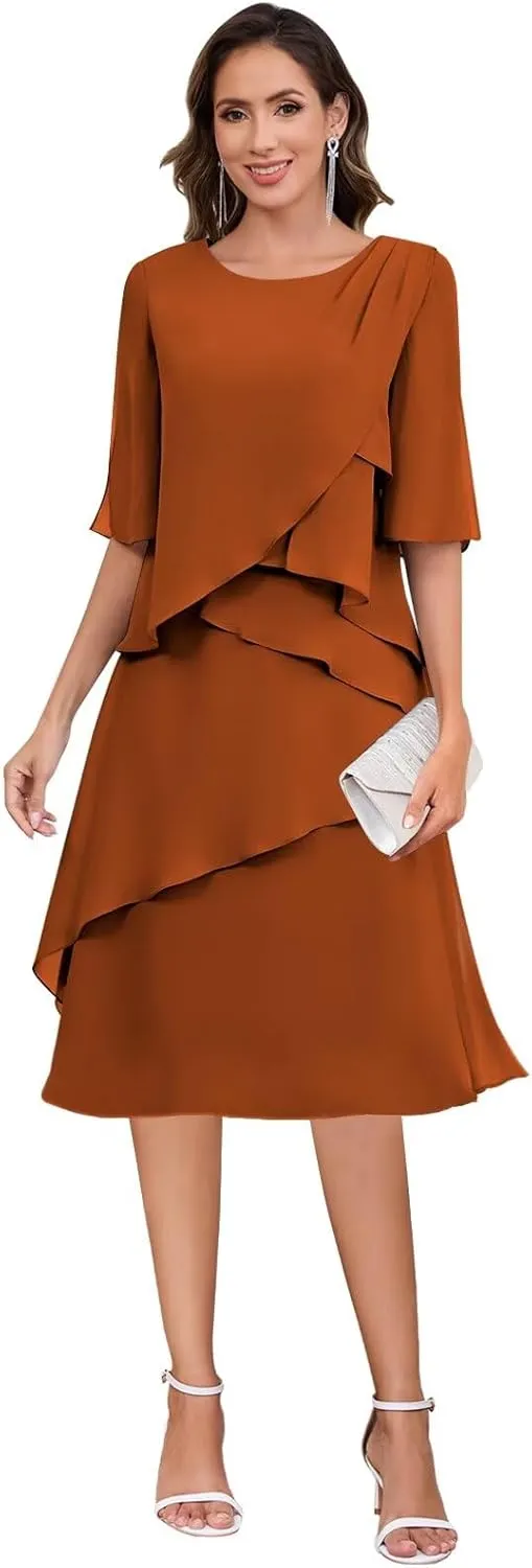 Mother of The Bride Dresses for Women Scoop Neck Chiffon Ruffle Formal Evening Dress
