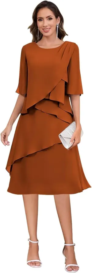 Mother of The Bride Dresses for Women Scoop Neck Chiffon Ruffle Formal Evening Dress