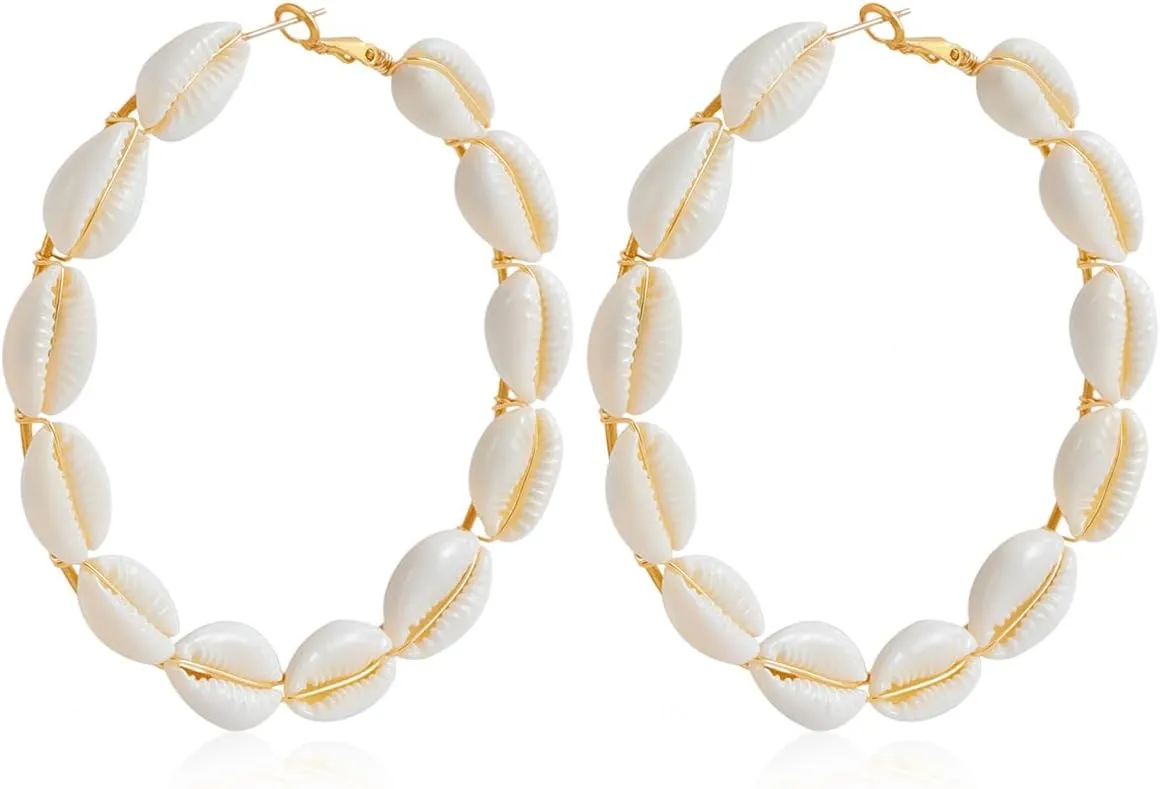 Natural Cowrie Shell Hoop Earring for Women White Shell Drop Dangle Earrings Bohemian Style Shell Earrings Ocean Theme Summer Earrings Beach Conch Shell Dangle Earrings Jewelry