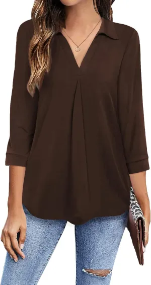 Newchoice Womens Collared V Neck 3/4 Sleeve Shirts Business Casual Tops Loose Work Blouses (S-3XL)