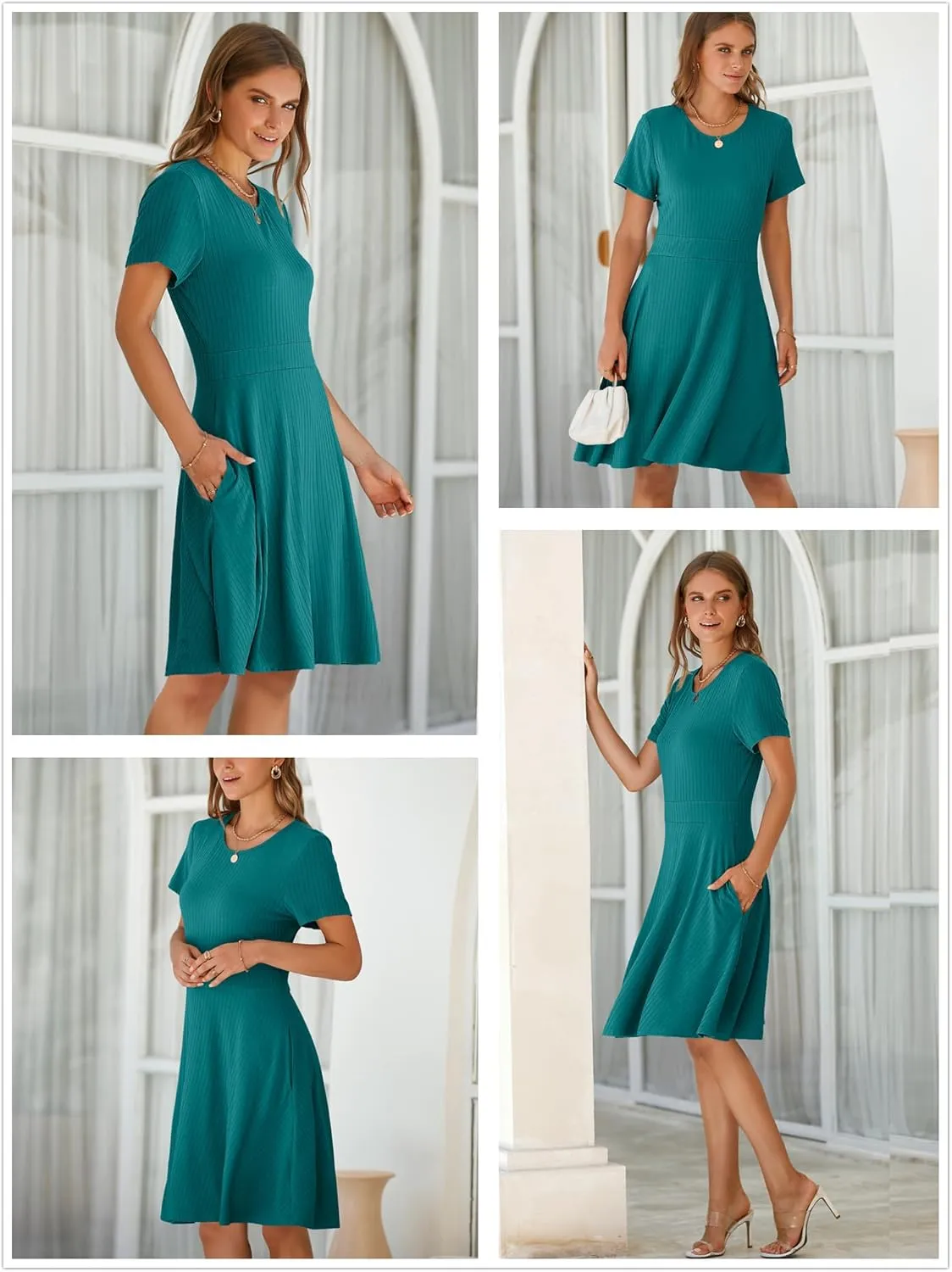Newshows Womens 2025 Summer Dresses Short Sleeve Ribbed Knit A-Line Swing Beach Vacation Outfits Casual Sundress with Pockets