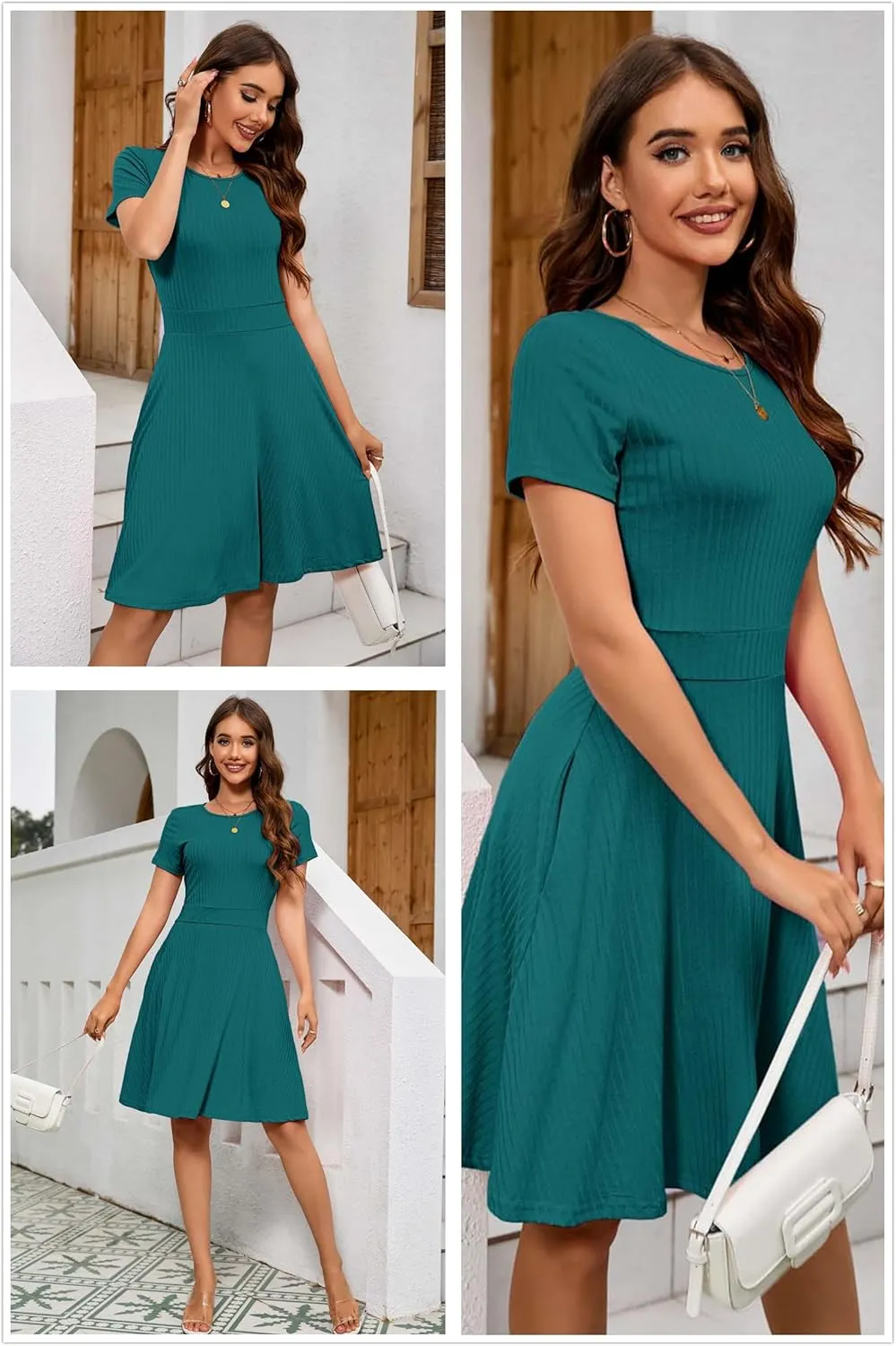 Newshows Womens 2025 Summer Dresses Short Sleeve Ribbed Knit A-Line Swing Beach Vacation Outfits Casual Sundress with Pockets