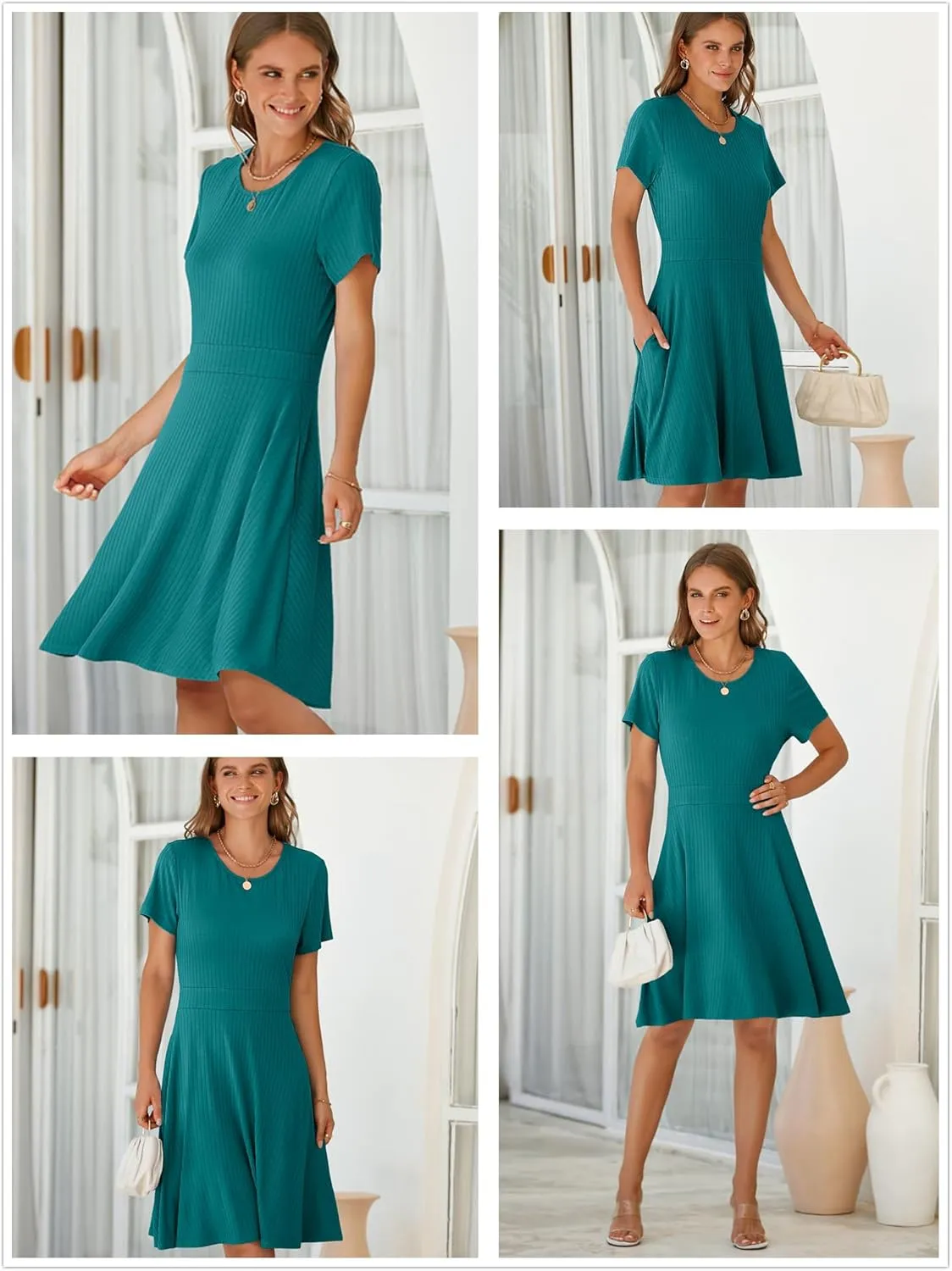 Newshows Womens 2025 Summer Dresses Short Sleeve Ribbed Knit A-Line Swing Beach Vacation Outfits Casual Sundress with Pockets