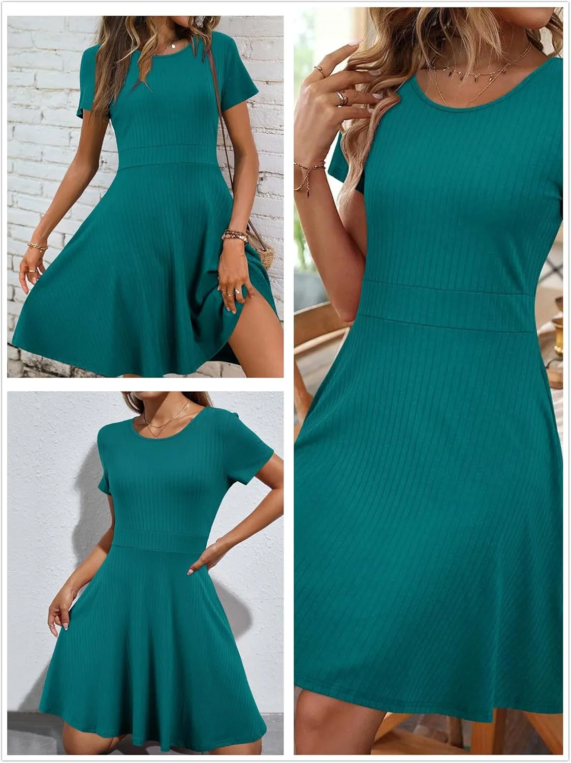 Newshows Womens 2025 Summer Dresses Short Sleeve Ribbed Knit A-Line Swing Beach Vacation Outfits Casual Sundress with Pockets
