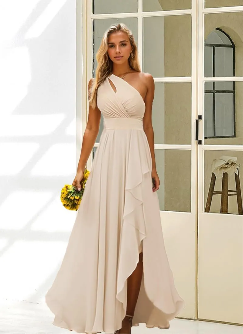 One Shoulder Bridesmaid Dresses for Women Chiffon Ruffle Prom Dresses A Line Long Formal Evening Gowns with Slit